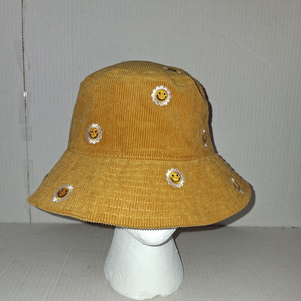 Mighty Fine Bucket Hat Corduroy Gold Hipster Smiling Daisy Hippy Retro Style